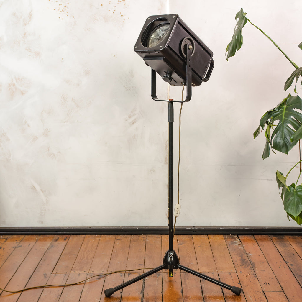 Vintage Rank Strand Theatre Light on Adjustable Tripod, Black Upcycled Industrial Floor lamp 1970s