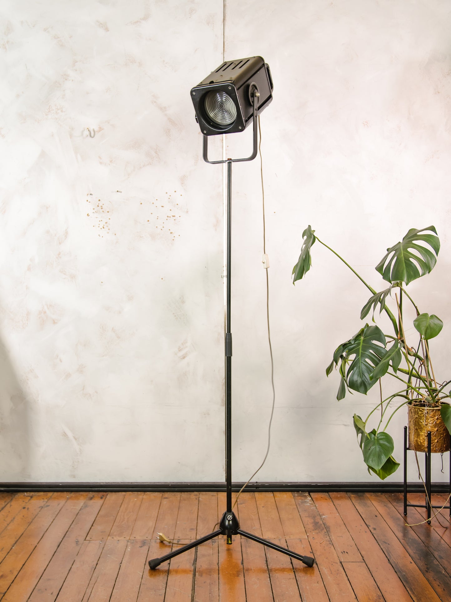 Vintage Rank Strand Theatre Light on Adjustable Tripod, Black Upcycled Industrial Floor lamp 1970s
