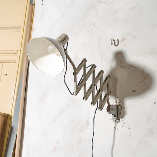 Vintage HALA Scissor Wall Lamp, 1960s Industrial Workshop Light, Adjustable Gray Articulated Wall Sconce, Busquet Design Holland
