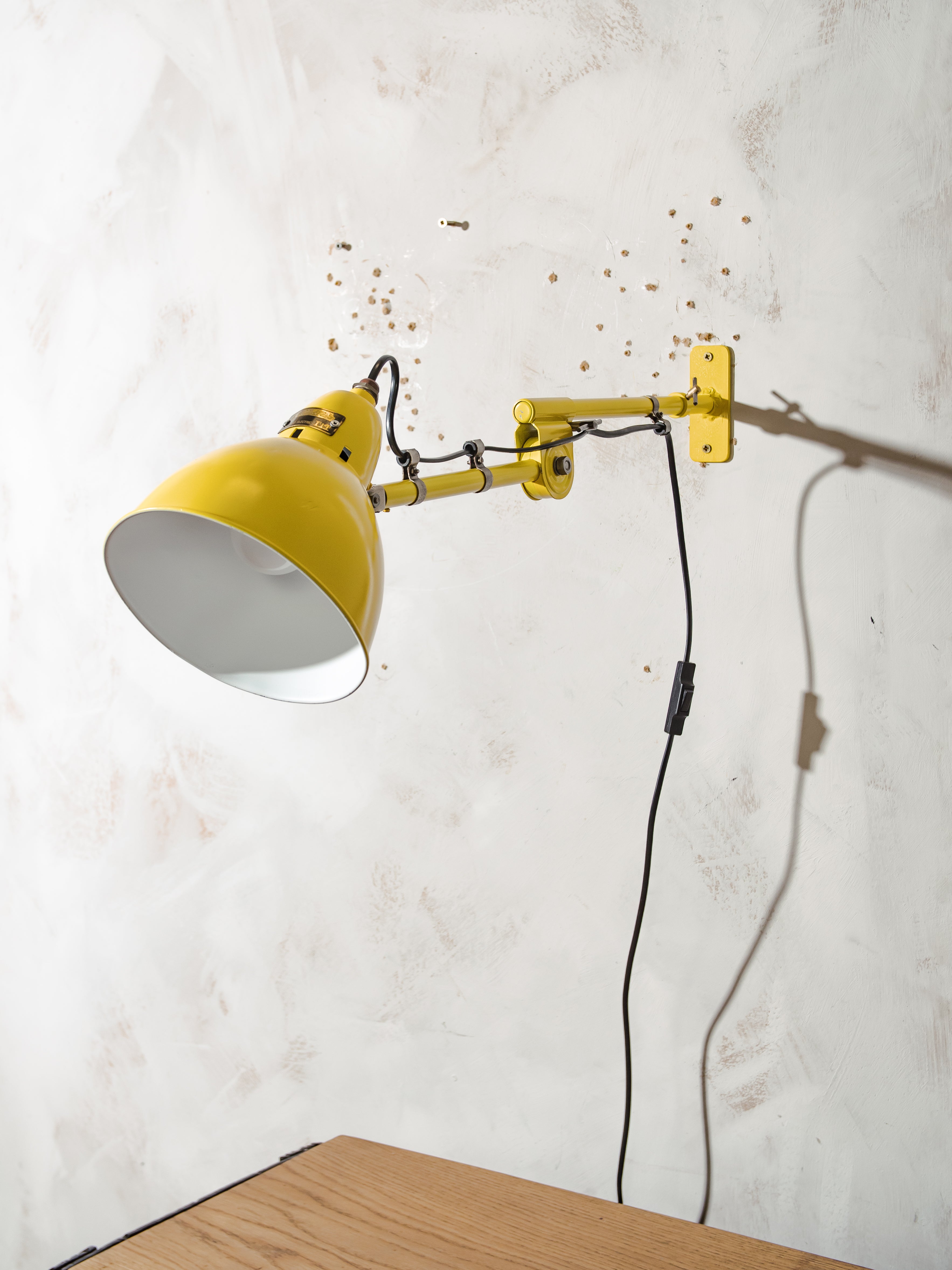 Antique 1940s Hala Zeist 2 Arm Wall light or Table lamp, Vintage Factory Workshop light, Renovated Bright Yellow Desk lighting, Dutch Design