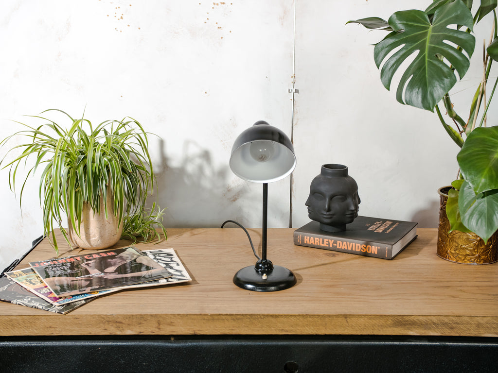 1940s Kaiser Idell Model 6556 Table Lamp Black, Bauhaus interior, designed by Christian Dell, Antique Restored Table desk light