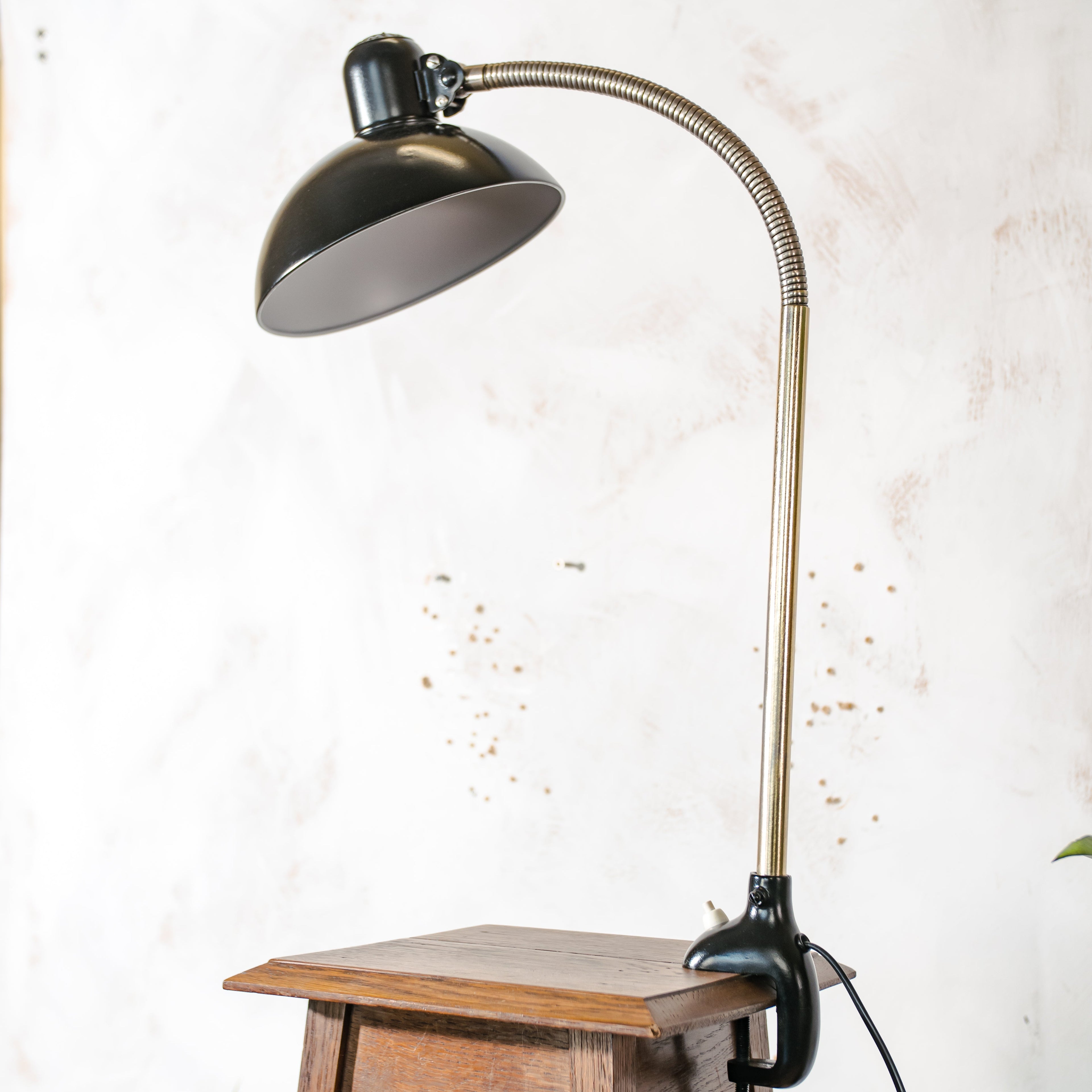1940s Kaiser Idell 6740 Clamp Lamp, Restored Antique Gooseneck Task Lighting, Bauhaus design by Christian Dell with Super Lampshade