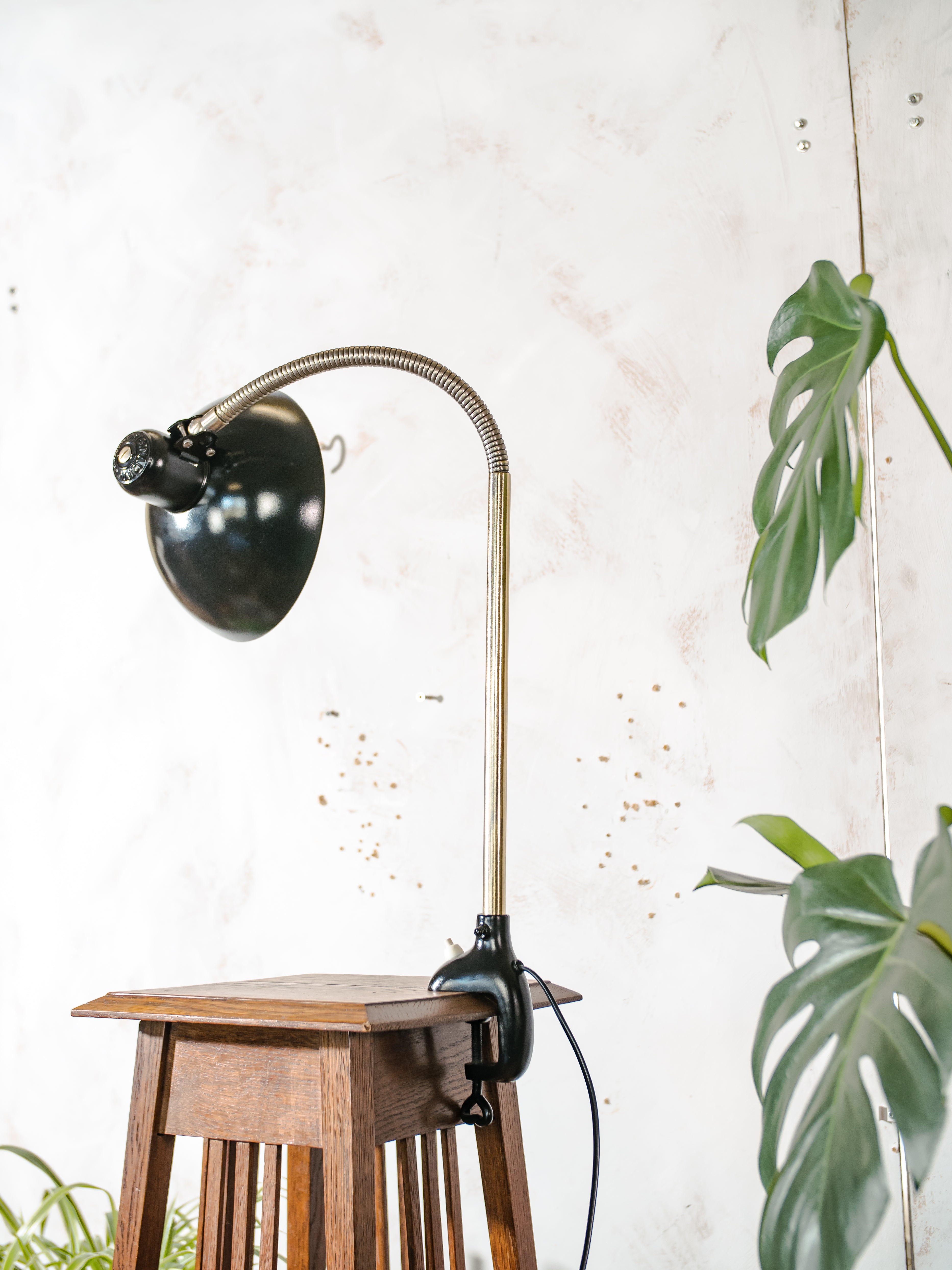 1940s Kaiser Idell 6740 Clamp Lamp, Restored Antique Gooseneck Task Lighting, Bauhaus design by Christian Dell with Super Lampshade