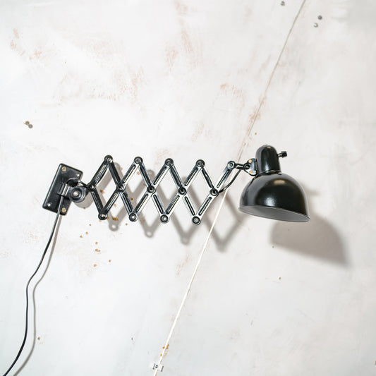 Kaiser Jdell 6718 Scissors Lamp 1930s, High Gloss Black restored Bauhaus Wall lighting, Antique Harmonica light design by Christian Dell