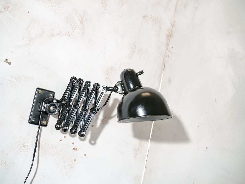 Kaiser Jdell 6718 Scissors Lamp 1930s, High Gloss Black restored Bauhaus Wall lighting, Antique Harmonica light design by Christian Dell