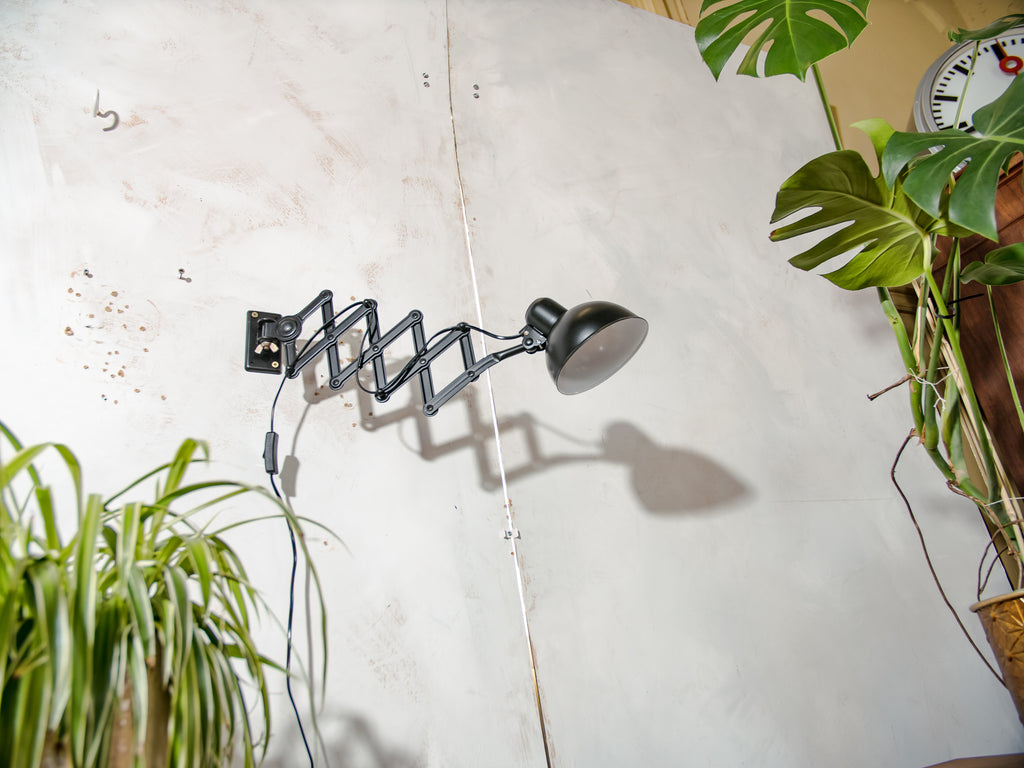 1930s Kaiser Idell 6718 Scissor Lamp, Satin Black restored Bauhaus Wall lighting, Antique light designed by Christian Dell