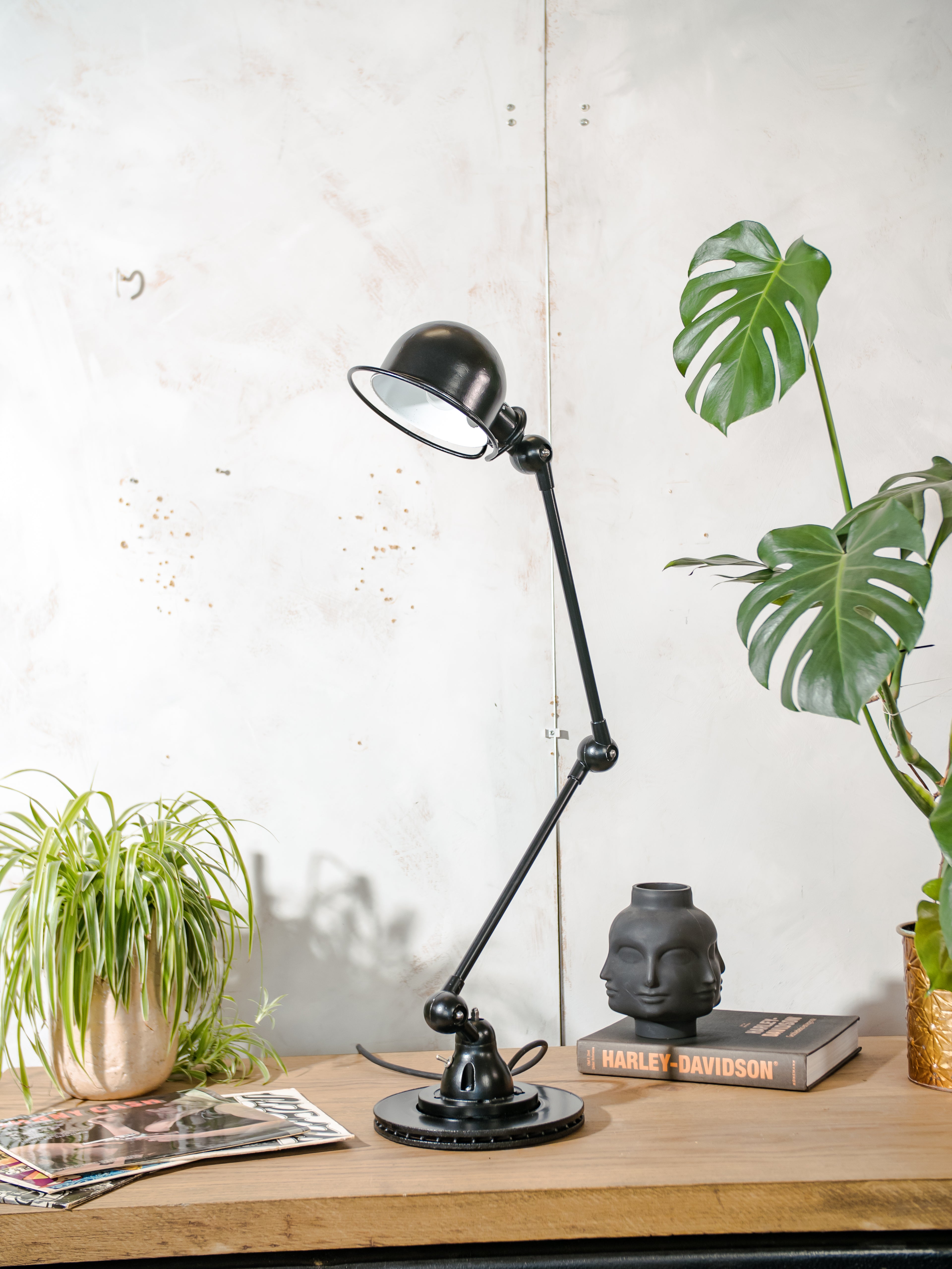 1950s Black Jieldé 2 Arm Workshop light on Brake disc, Restored Vintage designer Desk lamp made by Jean Louis Domecq
