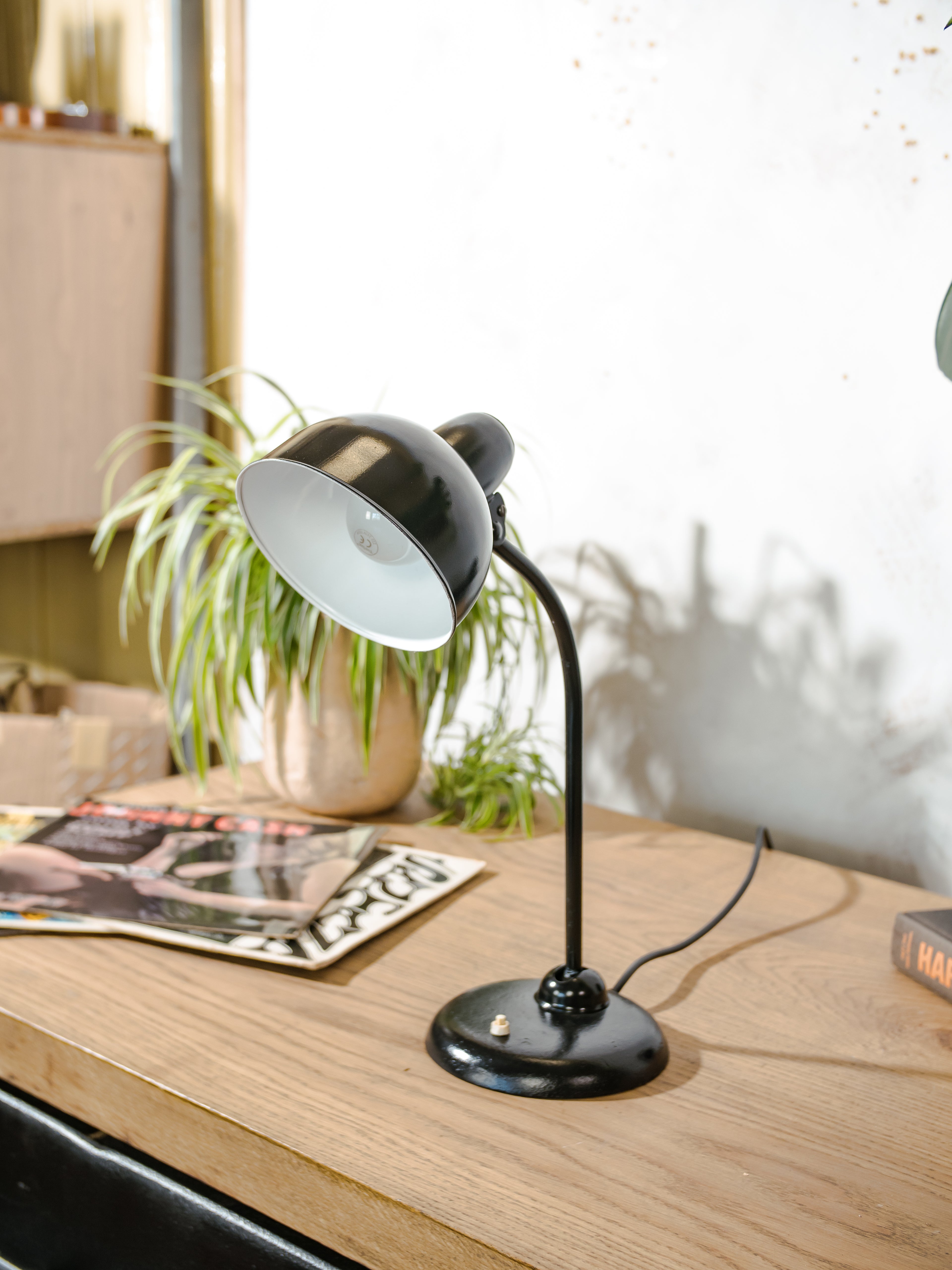 1940s Kaiser Idell Model 6556 Table Lamp Black, Bauhaus interior, designed by Christian Dell, Antique Restored Table desk light
