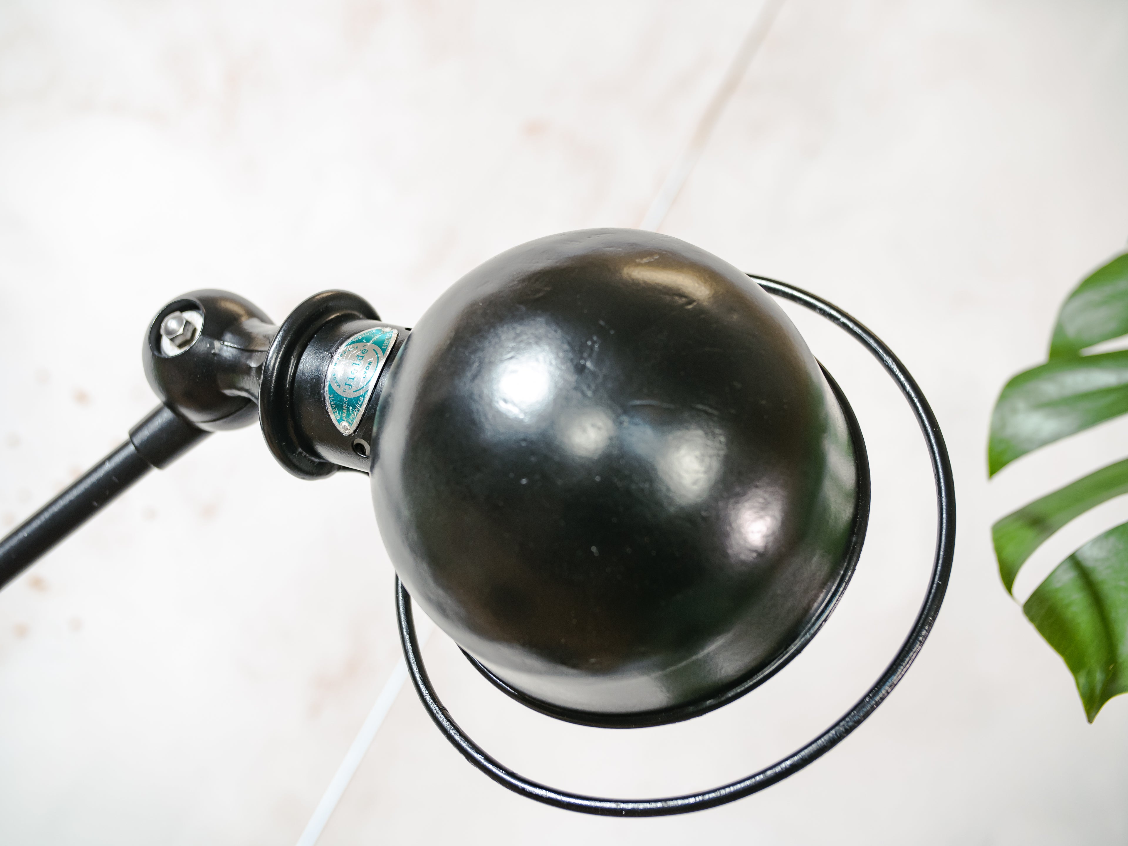 1950s Black Jieldé 2 Arm Workshop light on Brake disc, Restored Vintage designer Desk lamp made by Jean Louis Domecq