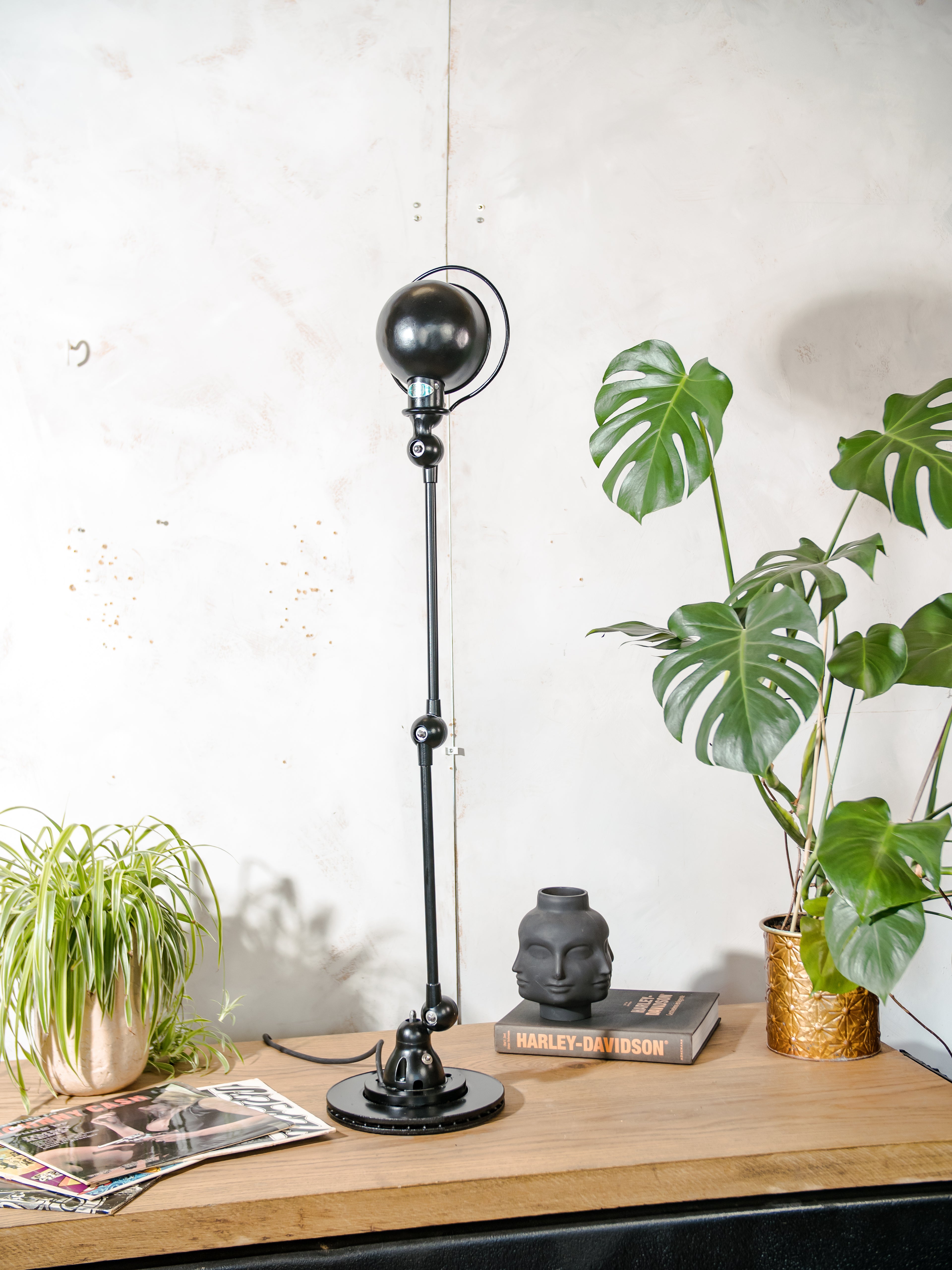 1950s Black Jieldé 2 Arm Workshop light on Brake disc, Restored Vintage designer Desk lamp made by Jean Louis Domecq