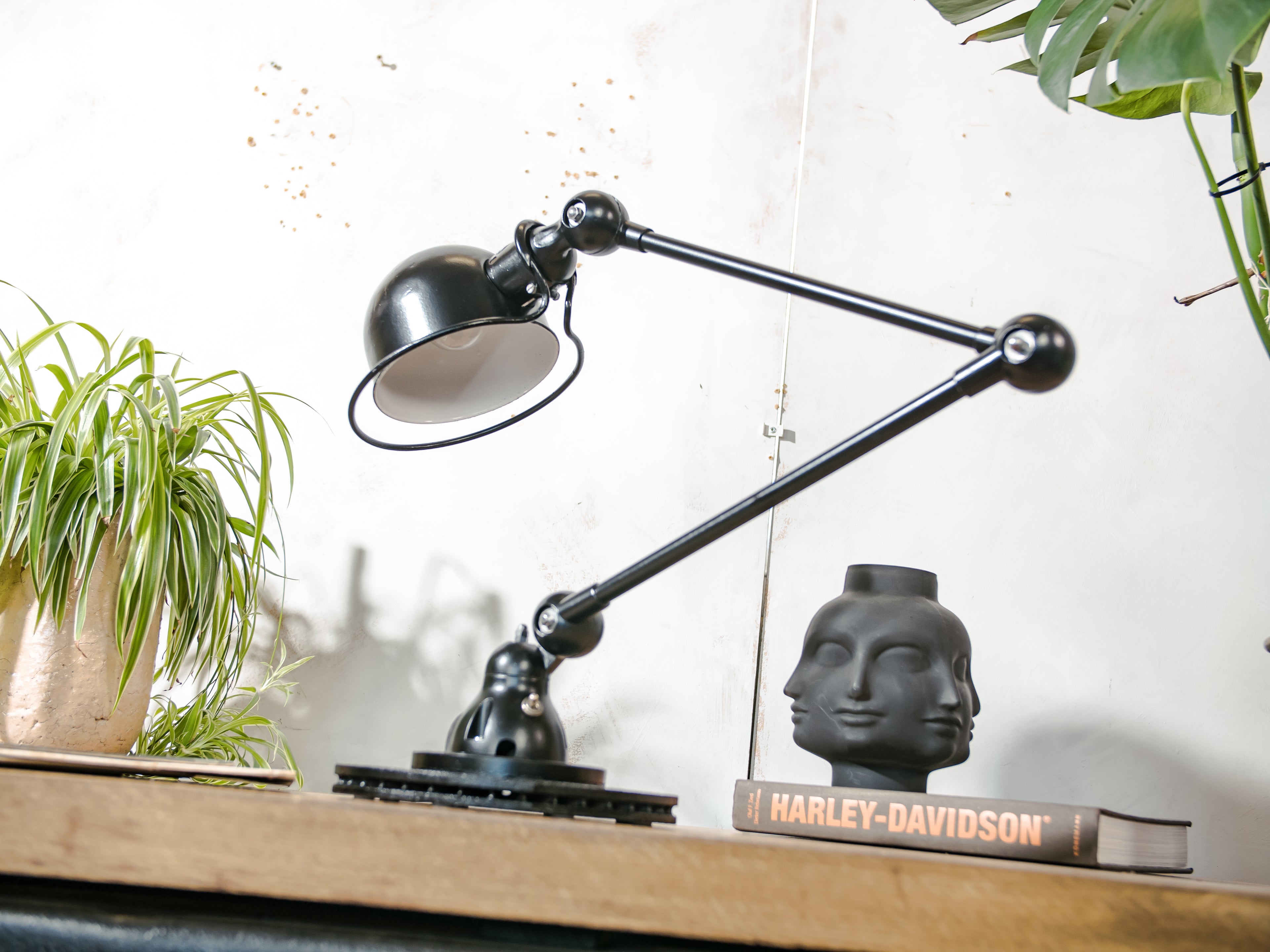 1950s Black Jieldé 2 Arm Workshop light on Brake disc, Restored Vintage designer Desk lamp made by Jean Louis Domecq