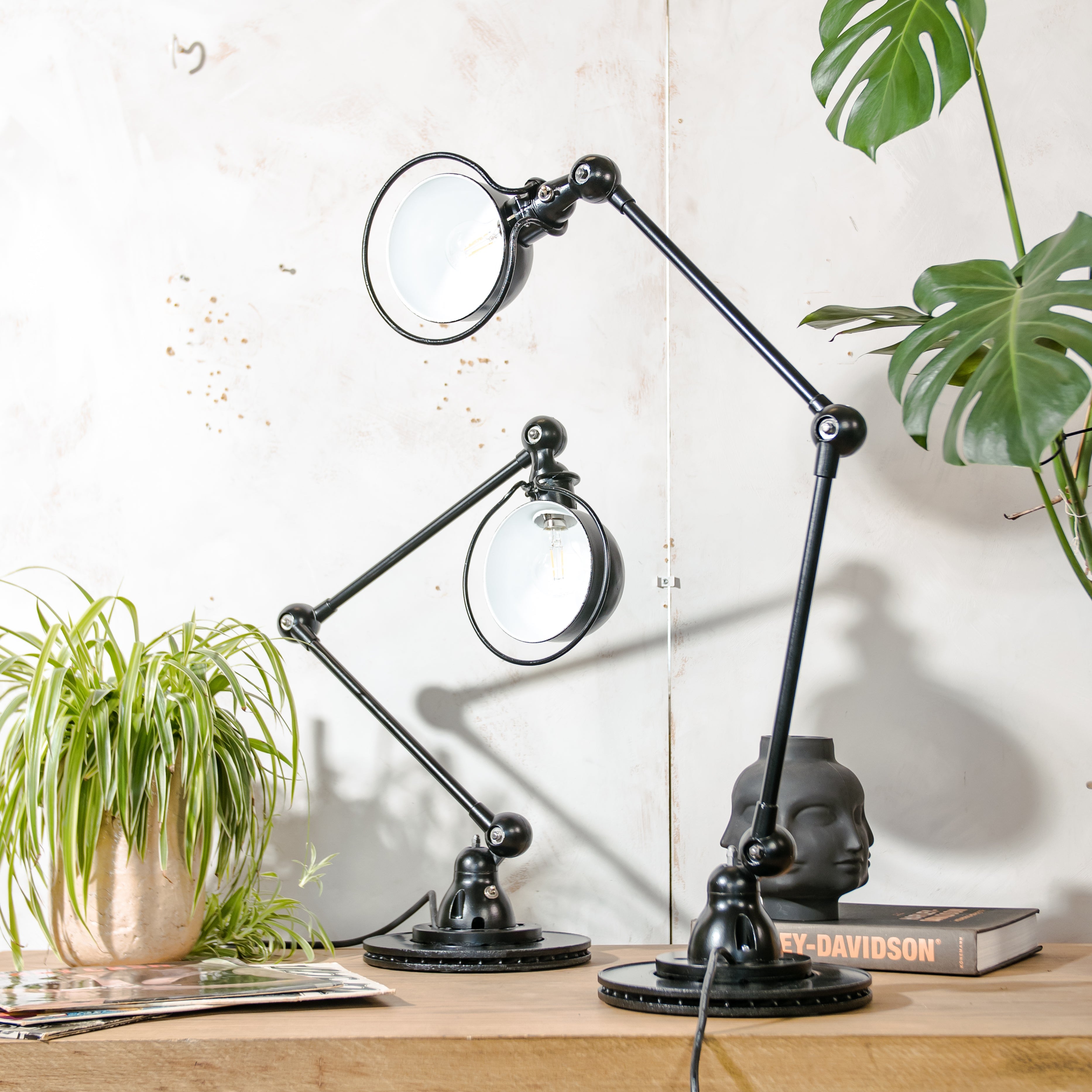1950s Black Jieldé 2 Arm Workshop light on Brake disc, Restored Vintage designer Desk lamp made by Jean Louis Domecq