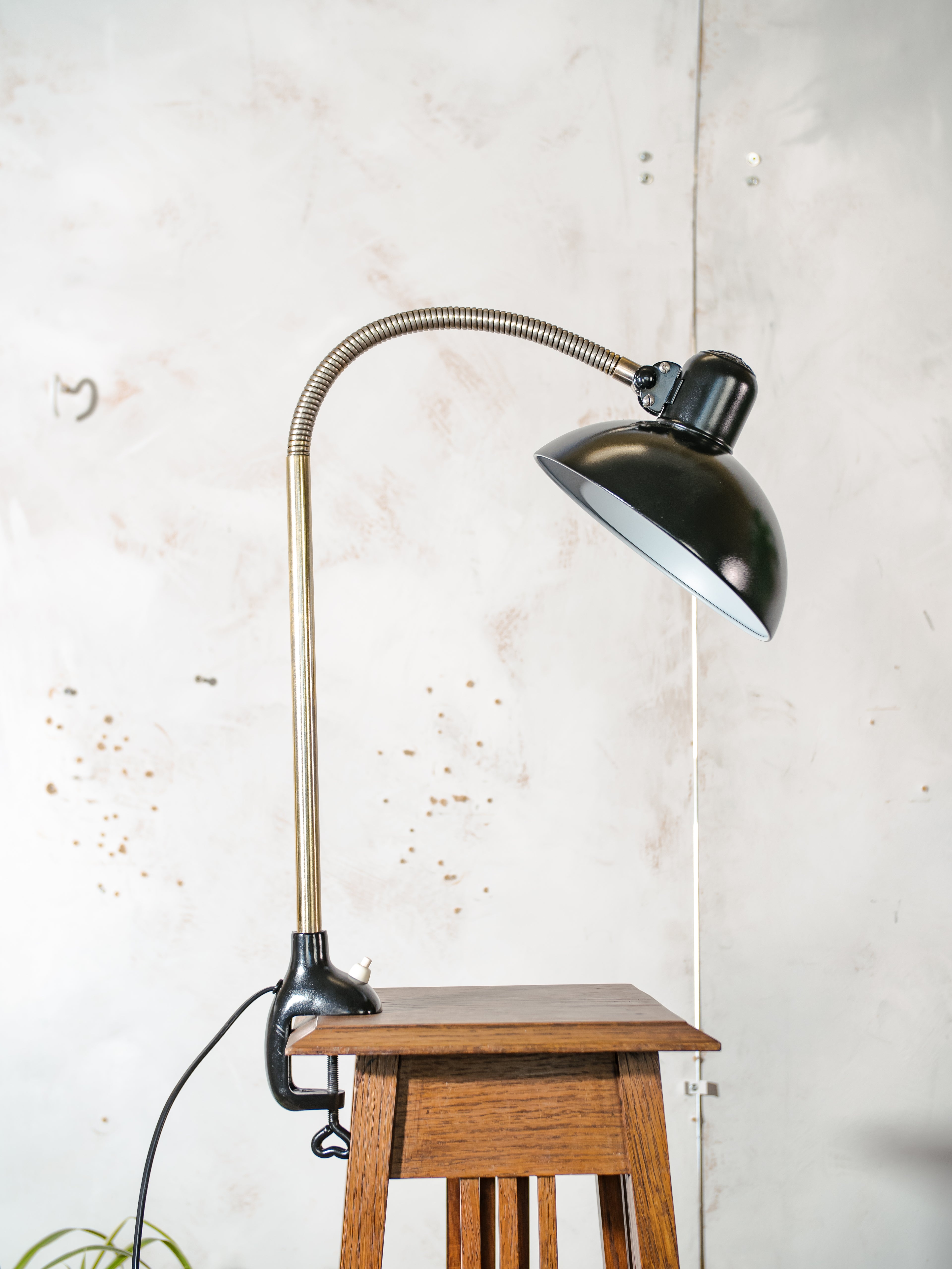 1940s Kaiser Idell 6740 Clamp Lamp, Restored Antique Gooseneck Task Lighting, Bauhaus design by Christian Dell with Super Lampshade