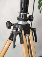 Vintage zwarte operatielamp van FAMED op houten statief, op maat gemaakte medische vloerlamp, gerecyclede chirurgische spot, 4-weg lamp met blauwe lenzen