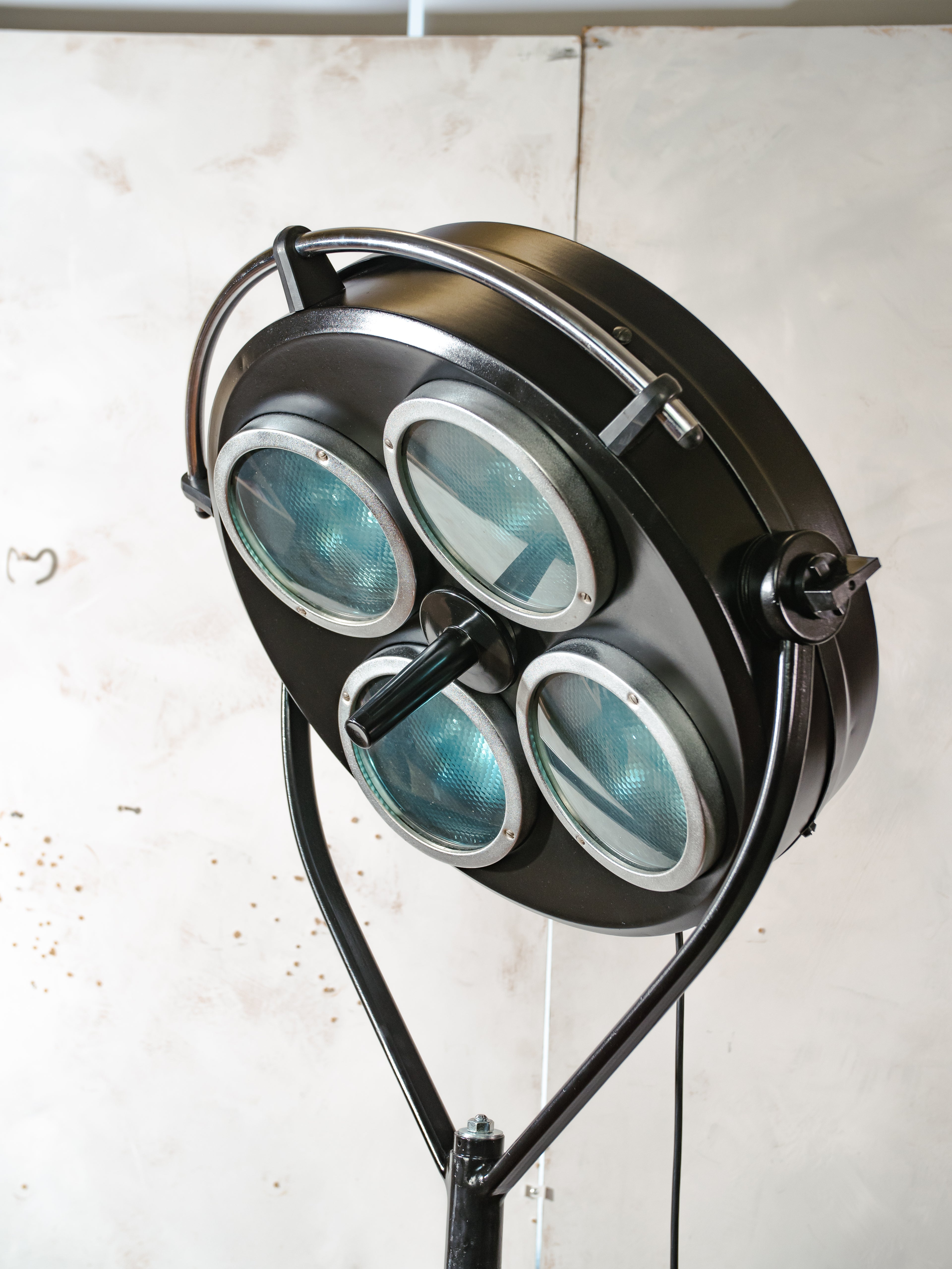 Vintage Black Operating light by FAMED on Wooden Tripod, Custom Medical Floor lamp, Upcycled Surgical Spotlight, 4 way bulb Blue lenses