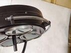 Vintage zwarte operatielamp van FAMED op houten statief, op maat gemaakte medische vloerlamp, gerecyclede chirurgische spot, 4-weg lamp met blauwe lenzen