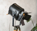 A.E. Cremer Paris 1950s Film Spotlight Floor lamp, Theatre Projector on Wooden Surveying Tripod, Original Barndoors, French Art Deco