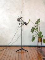 Vintage Double Spotlight Industrial Floor Lamp, 1950s Machine Lamps on Tripod, Unique Lighting with Patina, Chrome & Black Task Light