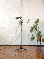 Vintage Double Spotlight Industrial Floor Lamp, 1950s Machine Lamps on Tripod, Unique Lighting with Patina, Chrome & Black Task Light