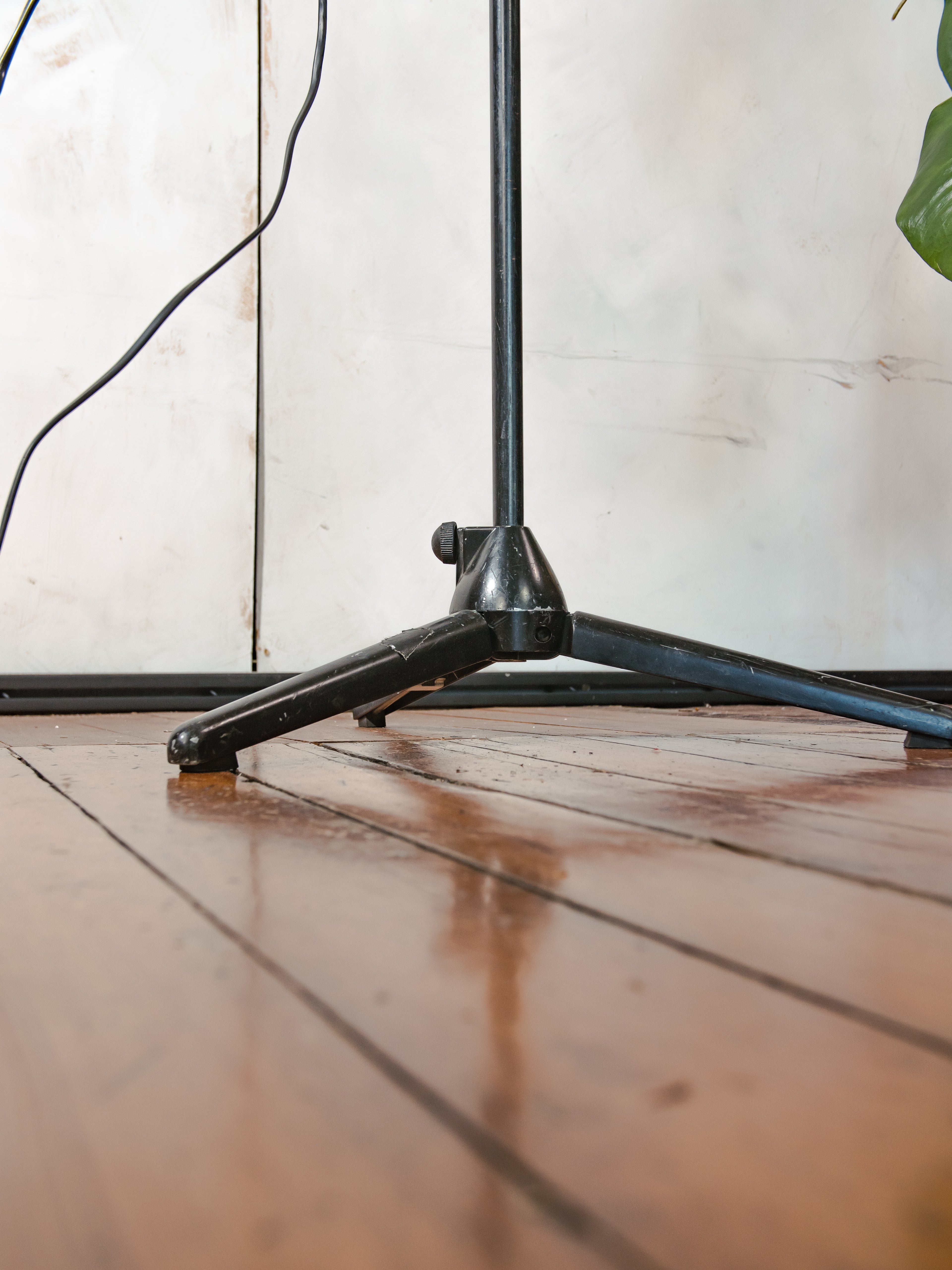 Vintage Double Spotlight Industrial Floor Lamp, 1950s Machine Lamps on Tripod, Unique Lighting with Patina, Chrome & Black Task Light