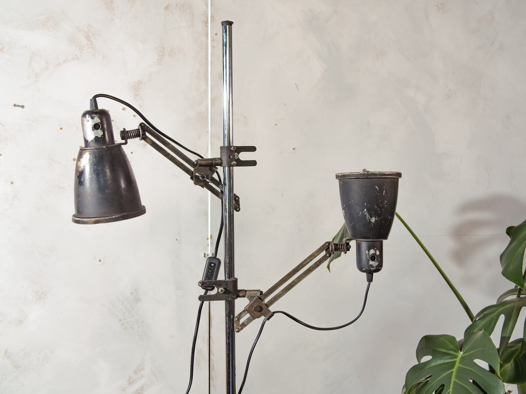 Vintage Double Spotlight Industrial Floor Lamp, 1950s Machine Lamps on Tripod, Unique Lighting with Patina, Chrome & Black Task Light