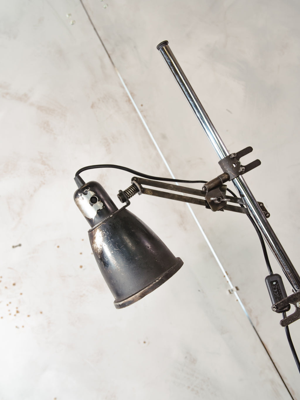 Vintage Double Spotlight Industrial Floor Lamp, 1950s Machine Lamps on Tripod, Unique Lighting with Patina, Chrome & Black Task Light