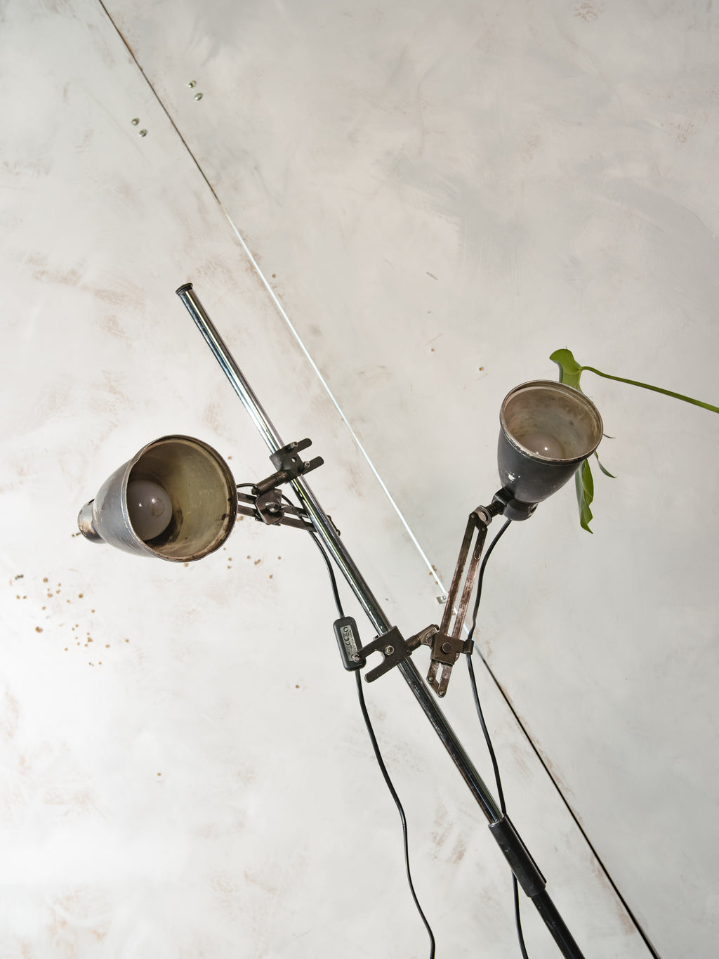 Vintage Double Spotlight Industrial Floor Lamp, 1950s Machine Lamps on Tripod, Unique Lighting with Patina, Chrome & Black Task Light