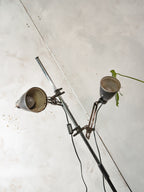 Vintage Double Spotlight Industrial Floor Lamp, 1950s Machine Lamps on Tripod, Unique Lighting with Patina, Chrome & Black Task Light