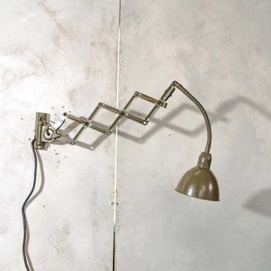 1960s Scissor Wall Lamp by Instala Decín, Dark Green Military Accordion Light, Industrial Harmonica Lighting with Gooseneck, Rewired E27 LED