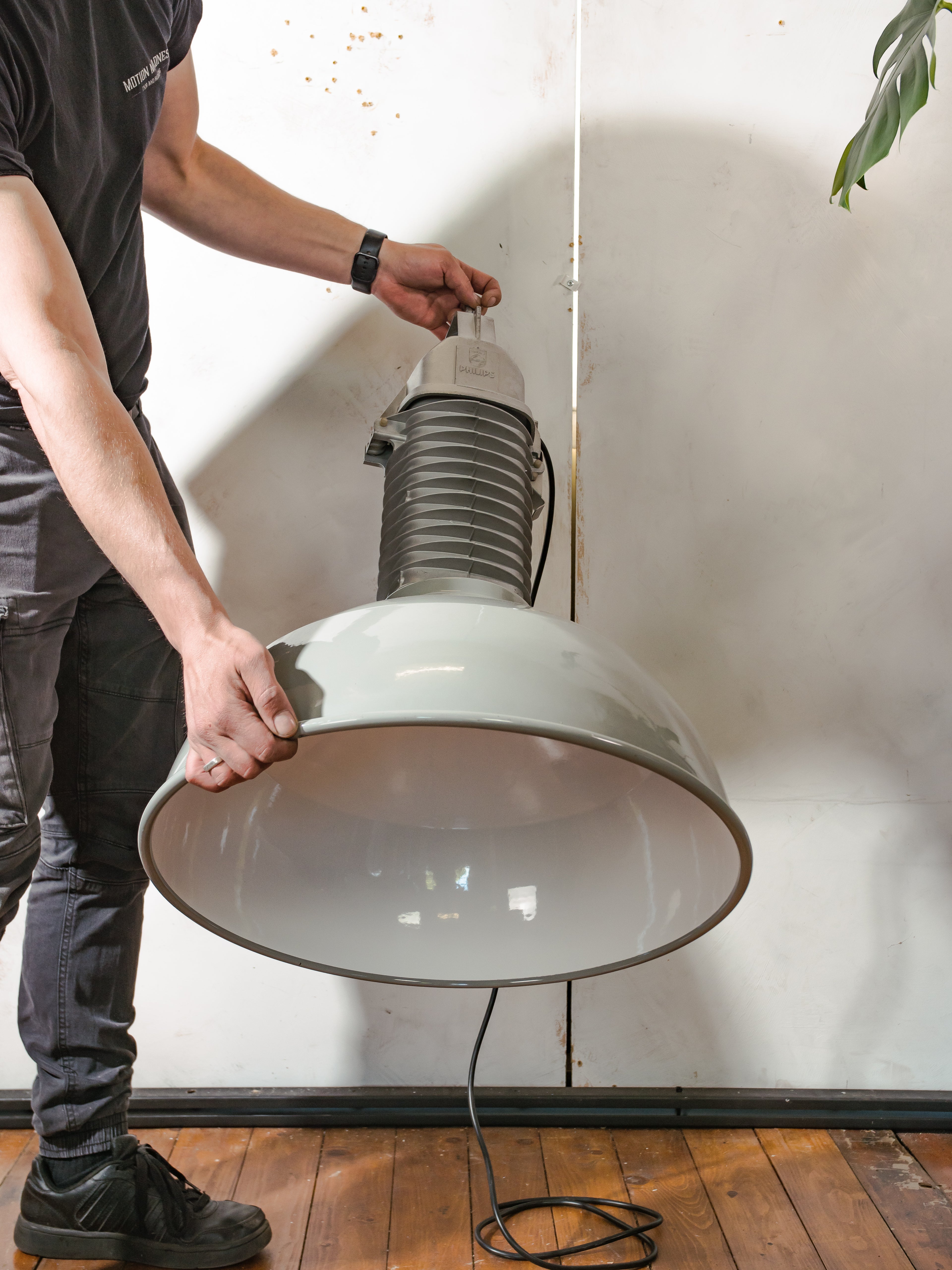 Large Industrial Factory Pendant Light with Gray Enamel Shade, 1950s Philips HDK Hanging Workshop Lamp, Fully Renovated and Rewired E27