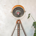 Upcycled Vintage Orange ALM Surgical Spotlight Lamp on Survey Tripod, Retro Industrial Floor Lamp, One of kind Operating Lighting