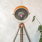 Upcycled Vintage Orange ALM Surgical Spotlight Lamp on Survey Tripod, Retro Industrial Floor Lamp, One of kind Operating Lighting