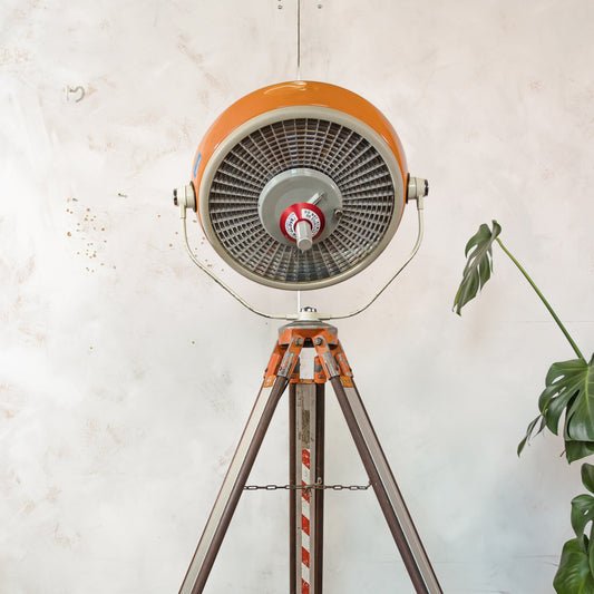 Upcycled Vintage Orange ALM Surgical Spotlight Lamp on Survey Tripod, Retro Industrial Floor Lamp, One of kind Operating Lighting