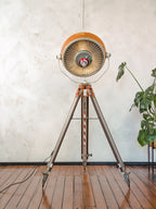 Upcycled Vintage Orange ALM Surgical Spotlight Lamp on Survey Tripod, Retro Industrial Floor Lamp, One of kind Operating Lighting