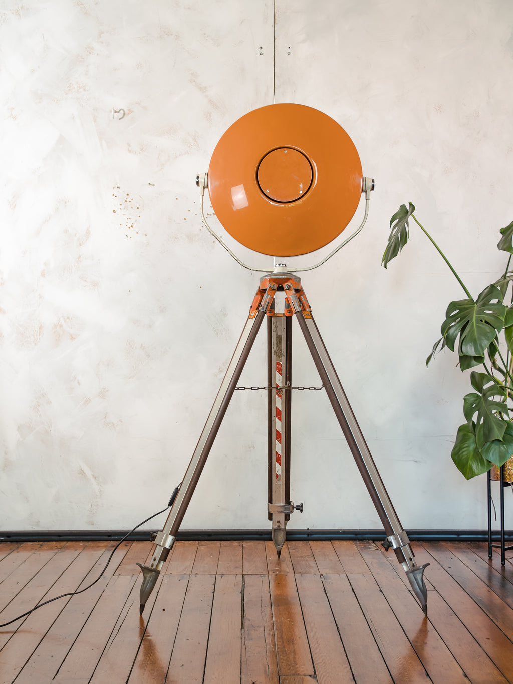 Upcycled Vintage Orange ALM Surgical Spotlight Lamp on Survey Tripod, Retro Industrial Floor Lamp, One of kind Operating Lighting