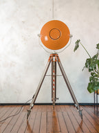 Upcycled Vintage Orange ALM Surgical Spotlight Lamp on Survey Tripod, Retro Industrial Floor Lamp, One of kind Operating Lighting