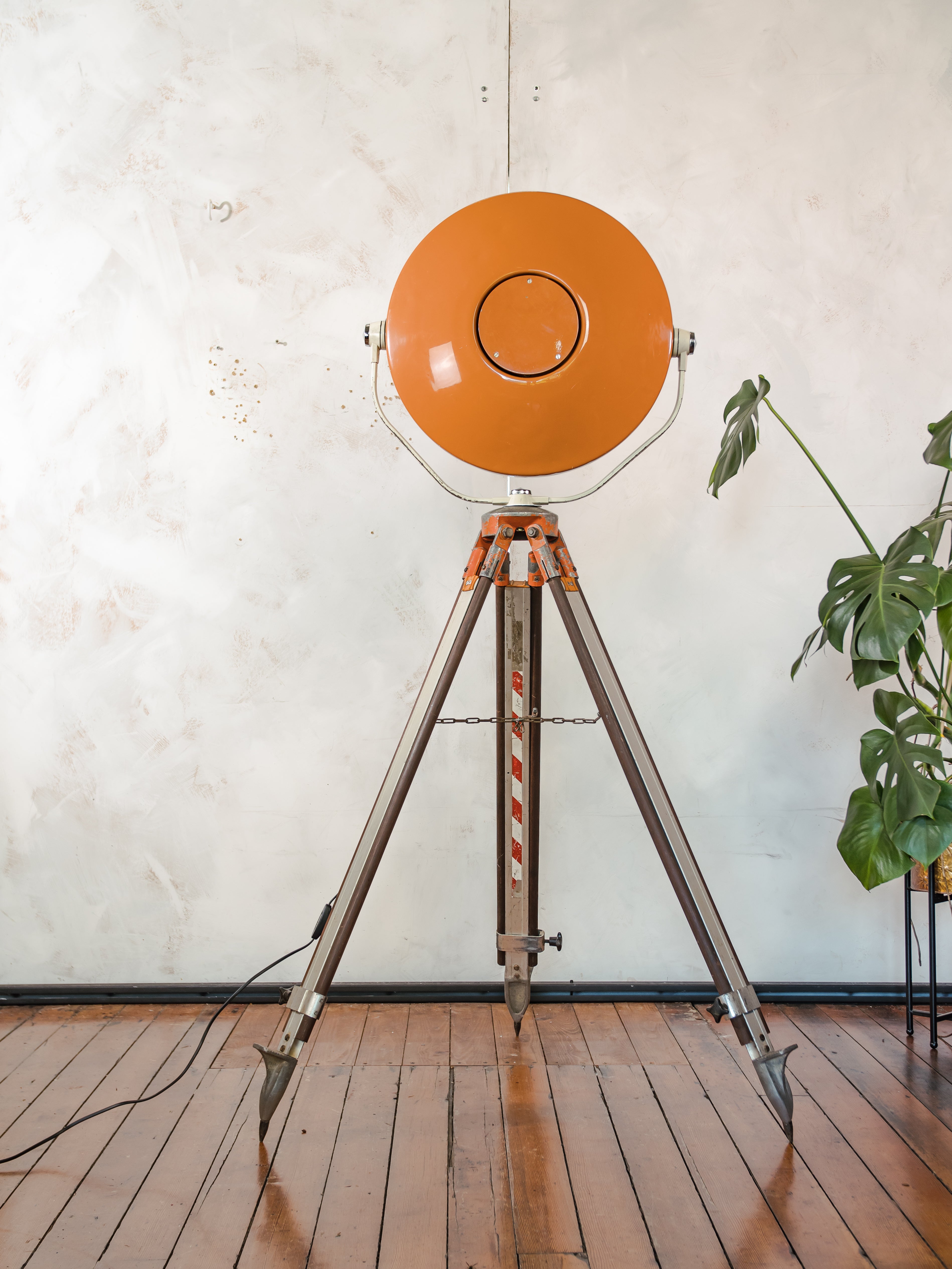 Upcycled Vintage Orange ALM Surgical Spotlight Lamp on Survey Tripod, Retro Industrial Floor Lamp, One of kind Operating Lighting