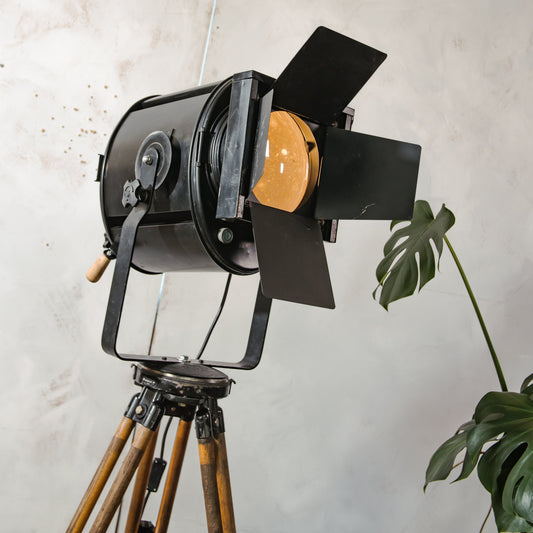 1950s Theater Spotlight Floor lamp A.E. Cremer Paris Projector on Vintage Wooden Surveyor Tripod, With Barndoors, French Antique Lighting