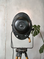 1950s Theater Spotlight Floor lamp A.E. Cremer Paris Projector on Vintage Wooden Surveyor Tripod, With Barndoors, French Antique Lighting