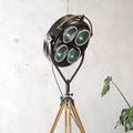Vintage zwarte operatielamp van FAMED op houten statief, op maat gemaakte medische vloerlamp, gerecyclede chirurgische spot, 4-weg lamp met blauwe lenzen