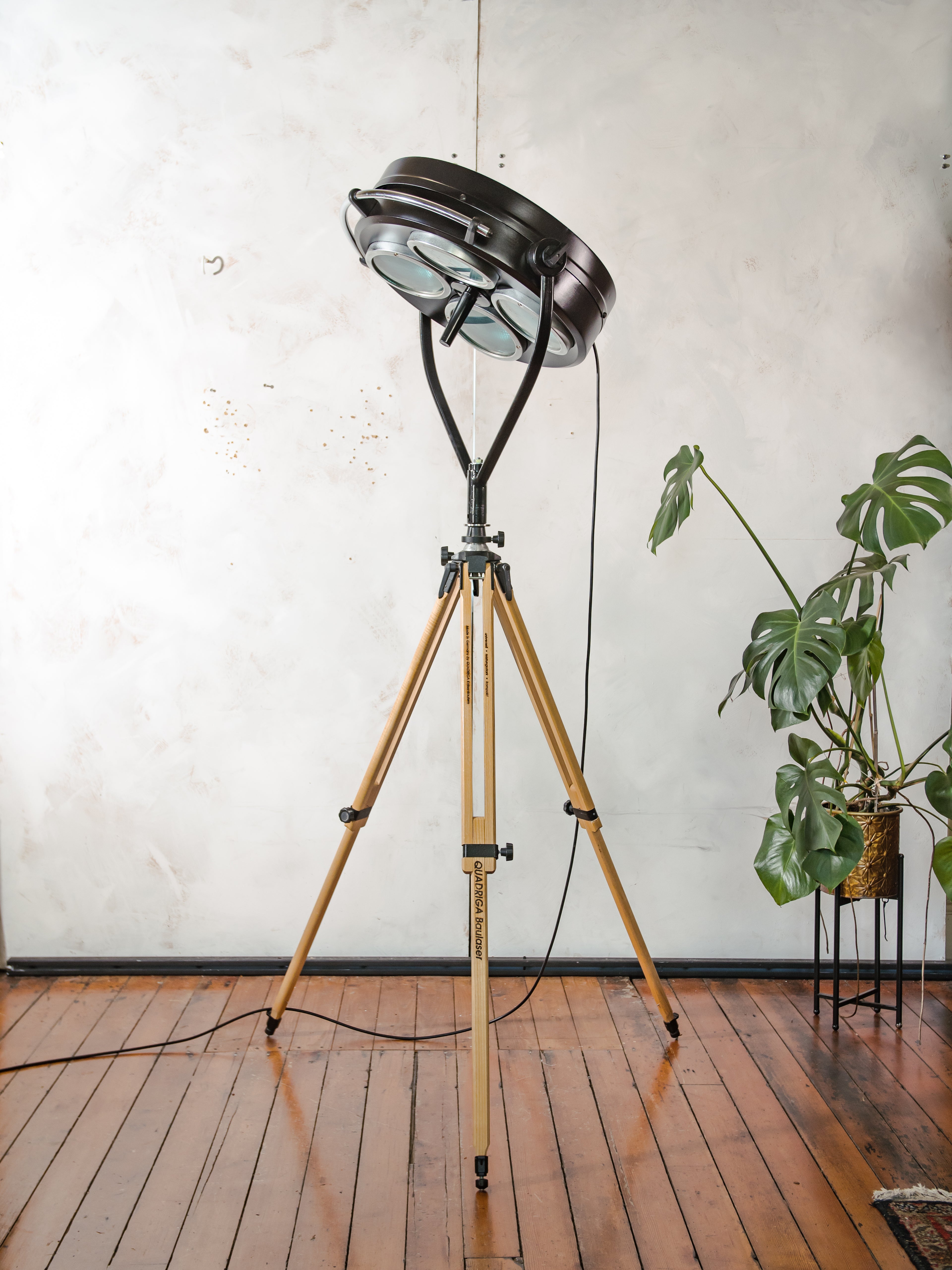 Vintage Black Operating light by FAMED on Wooden Tripod, Custom Medical Floor lamp, Upcycled Surgical Spotlight, 4 way bulb Blue lenses