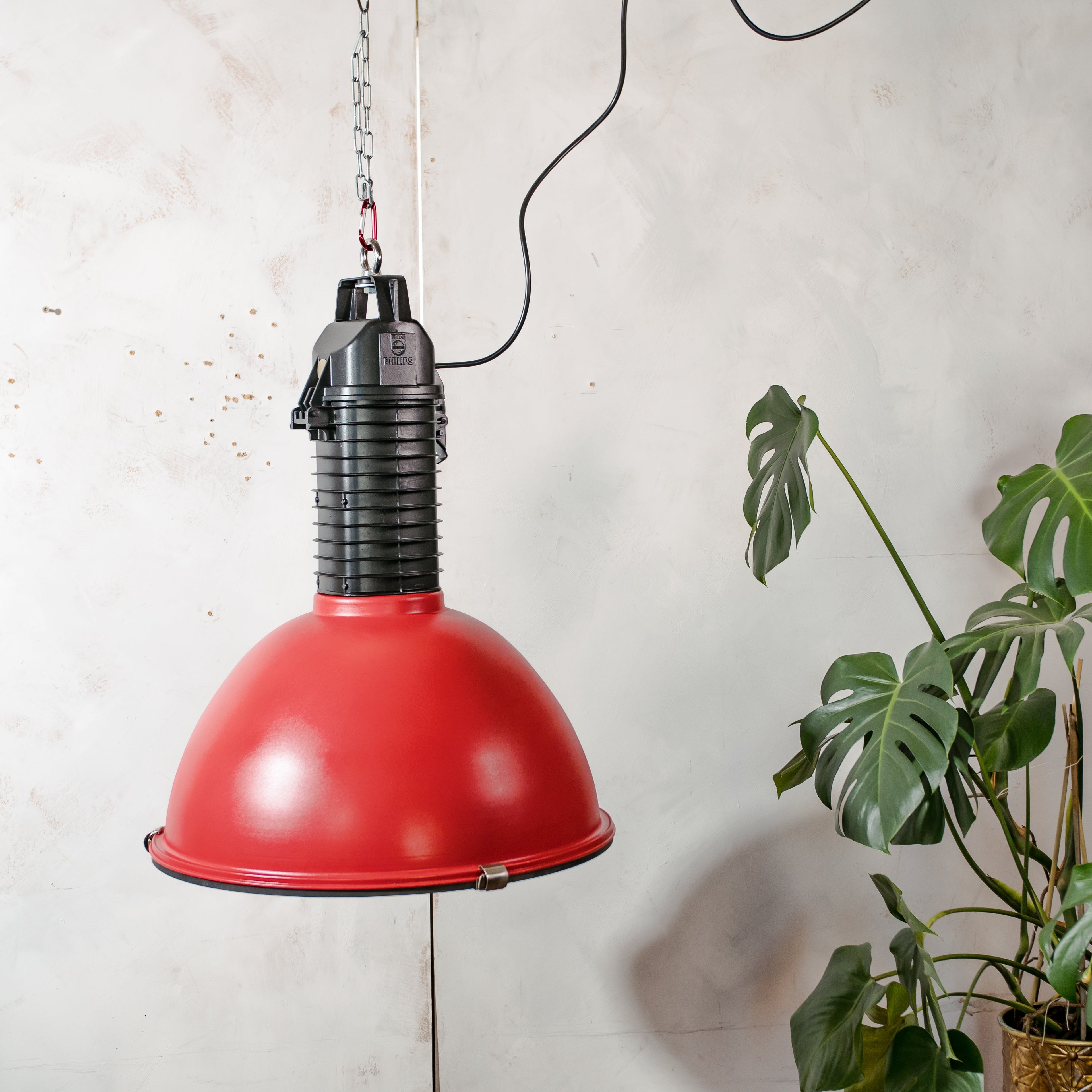Philips Industrial 1950s Factory Pendant Light, Red & Black Aluminum Hang Lamp, Made in Holland