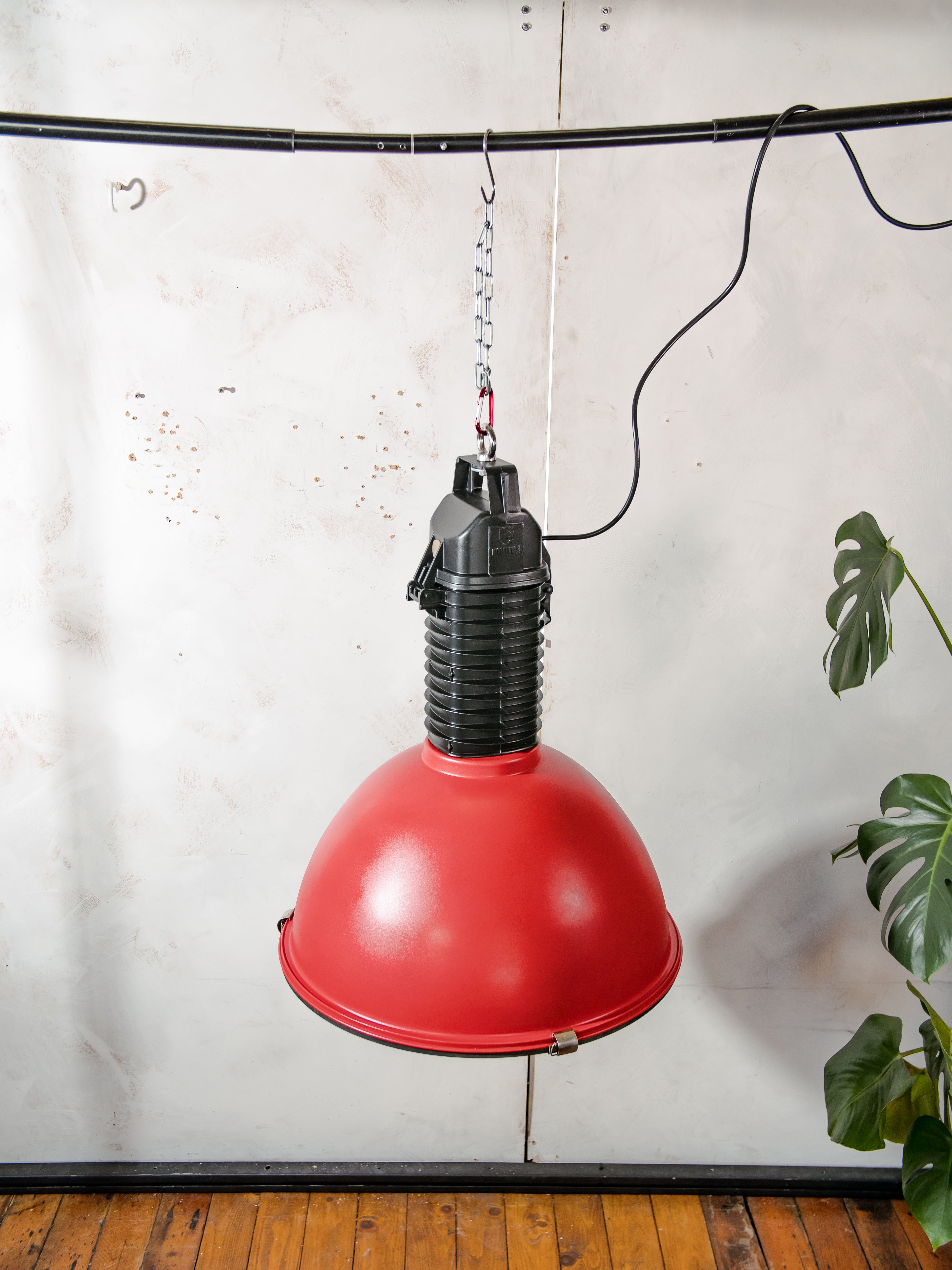 Philips Industrial 1950s Factory Pendant Light, Red & Black Aluminum Hang Lamp, Made in Holland