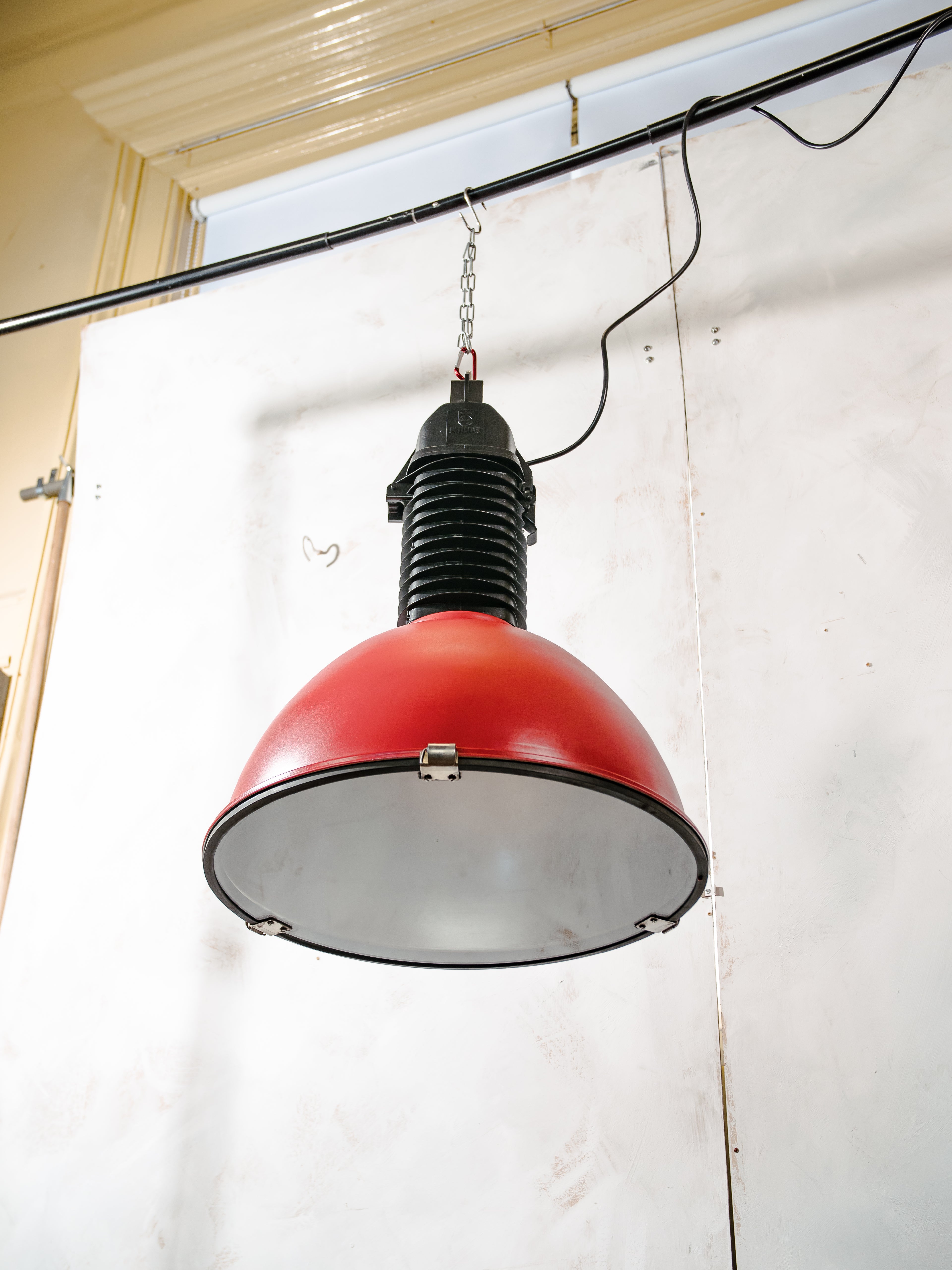 Philips Industrial 1950s Factory Pendant Light, Red & Black Aluminum Hang Lamp, Made in Holland