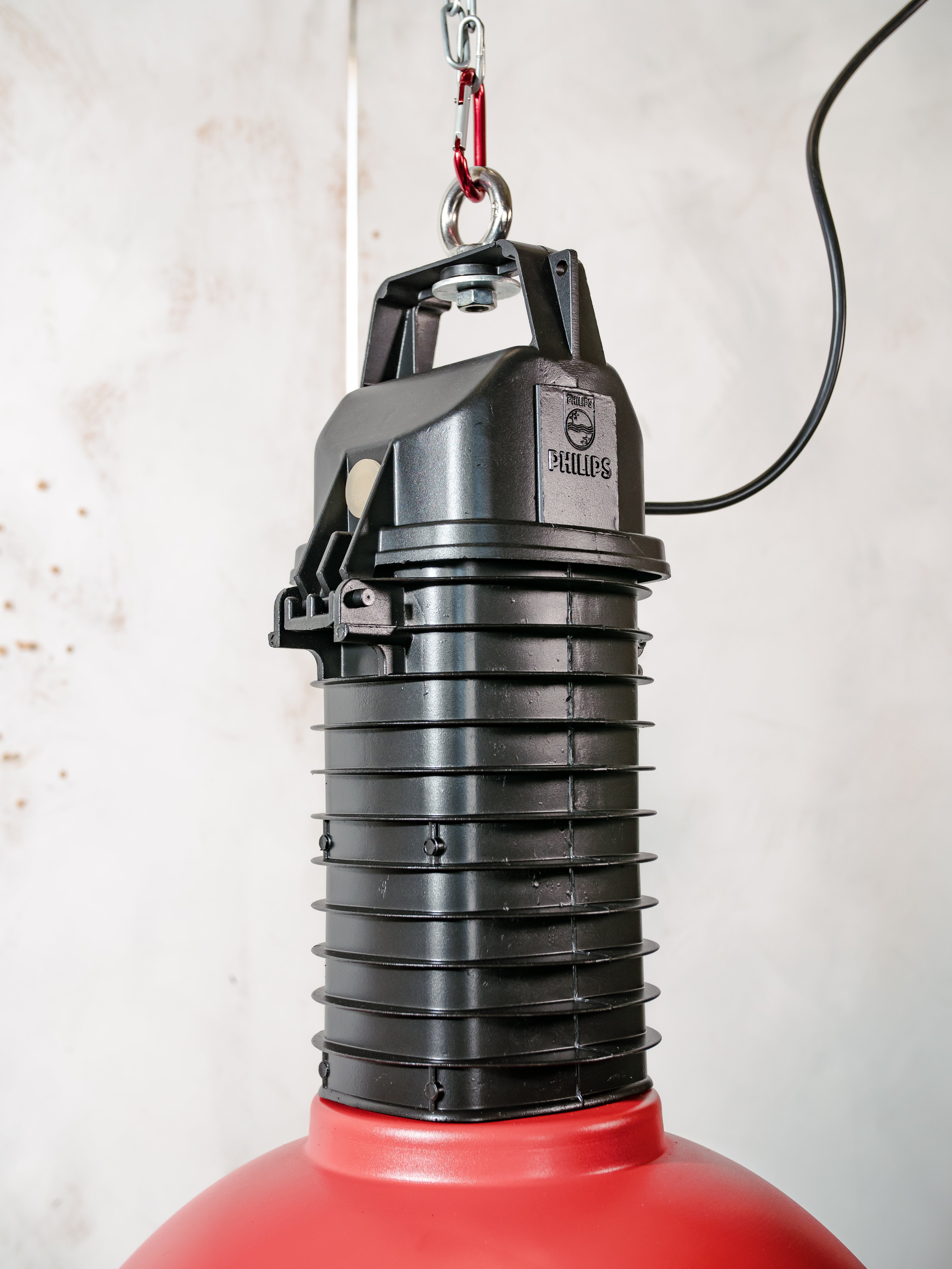 Philips Industrial 1950s Factory Pendant Light, Red & Black Aluminum Hang Lamp, Made in Holland