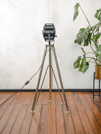 1950s A.E. Cremer Baby spotlight Black Floor lamp, Vintage French Theatre Light on Chrome Tripod, Rare model with two doors