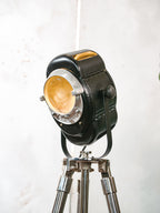 1950s A.E. Cremer Baby spotlight Black Floor lamp, Vintage French Theatre Light on Chrome Tripod, Rare model with two doors
