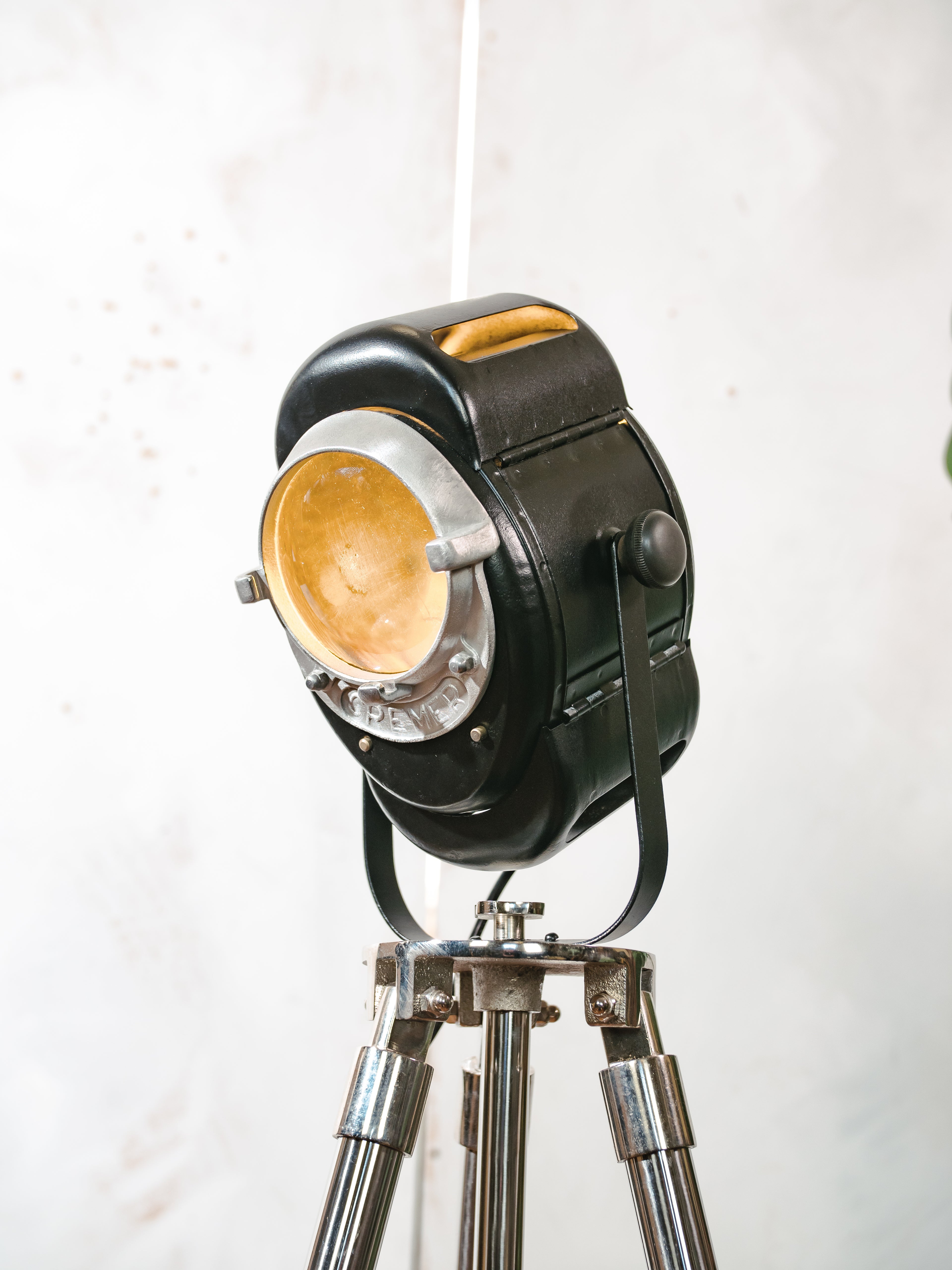 1950s A.E. Cremer Baby spotlight Black Floor lamp, Vintage French Theatre Light on Chrome Tripod, Rare model with two doors