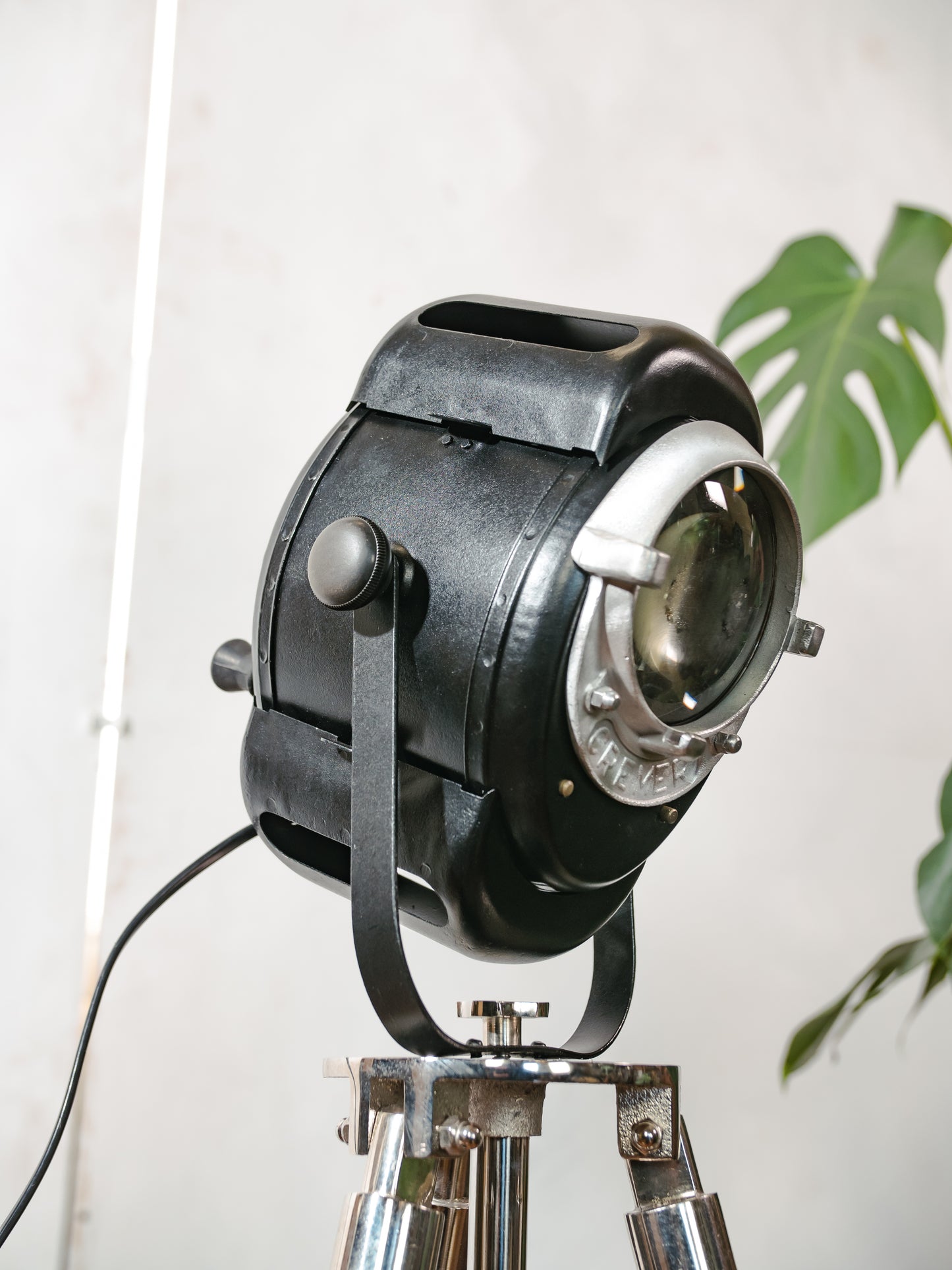 1950s A.E. Cremer Baby spotlight Black Floor lamp, Vintage French Theatre Light on Chrome Tripod, Rare model with two doors
