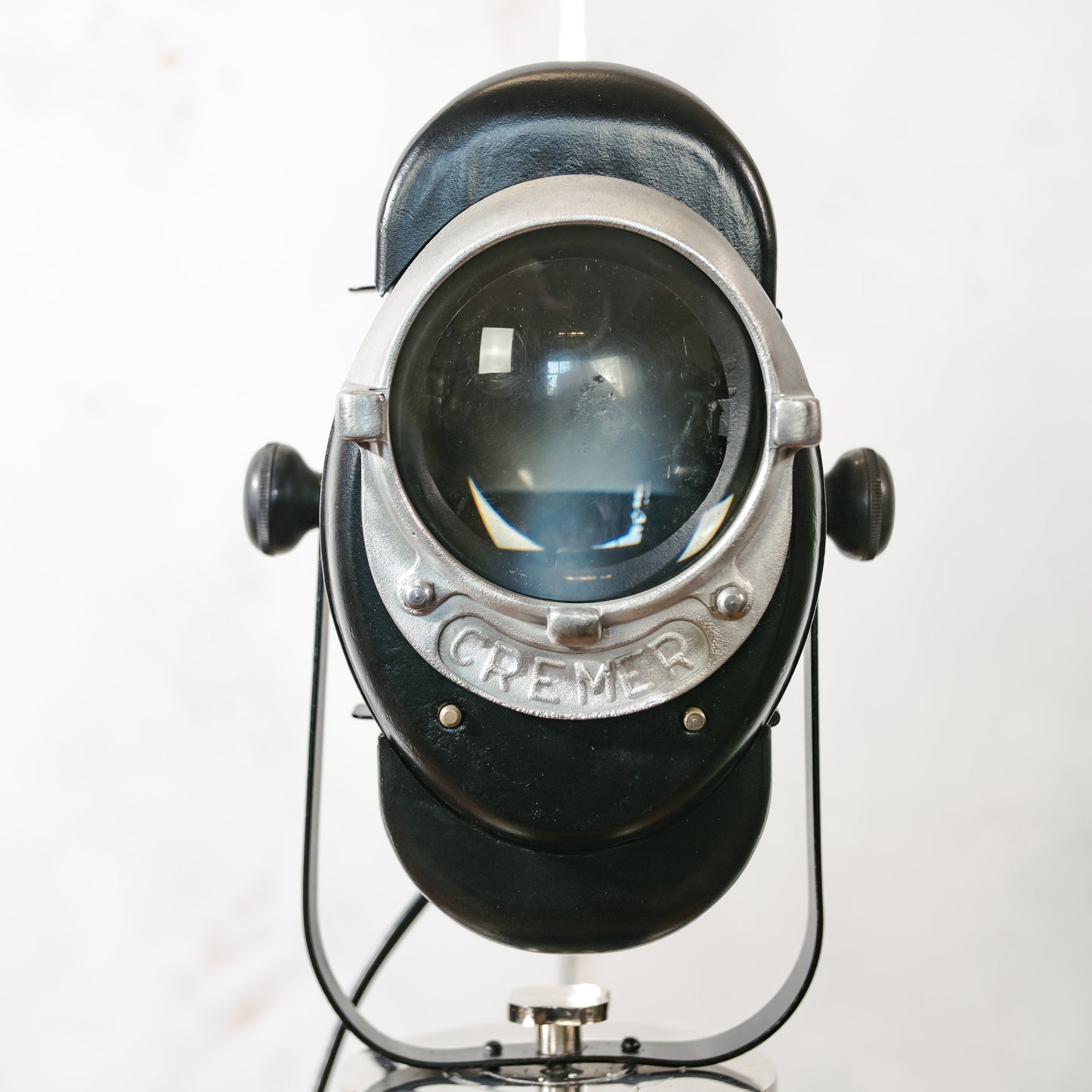 1950s A.E. Cremer Baby spotlight Black Floor lamp, Vintage French Theatre Light on Chrome Tripod, Rare model with two doors